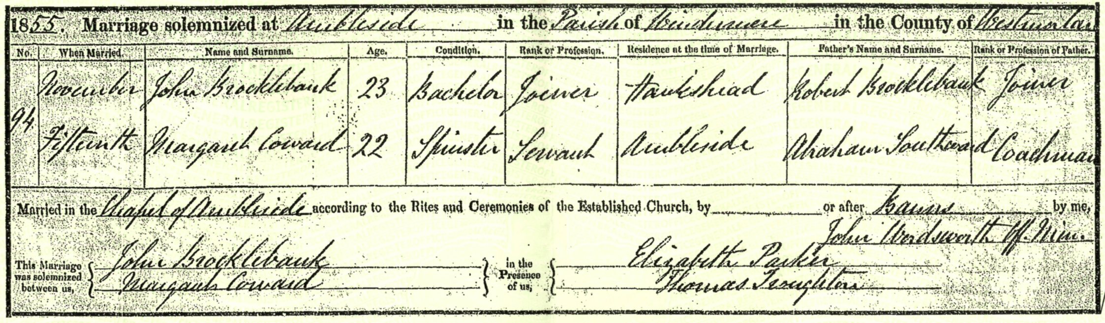 John and Margaret 1855 marriage cert